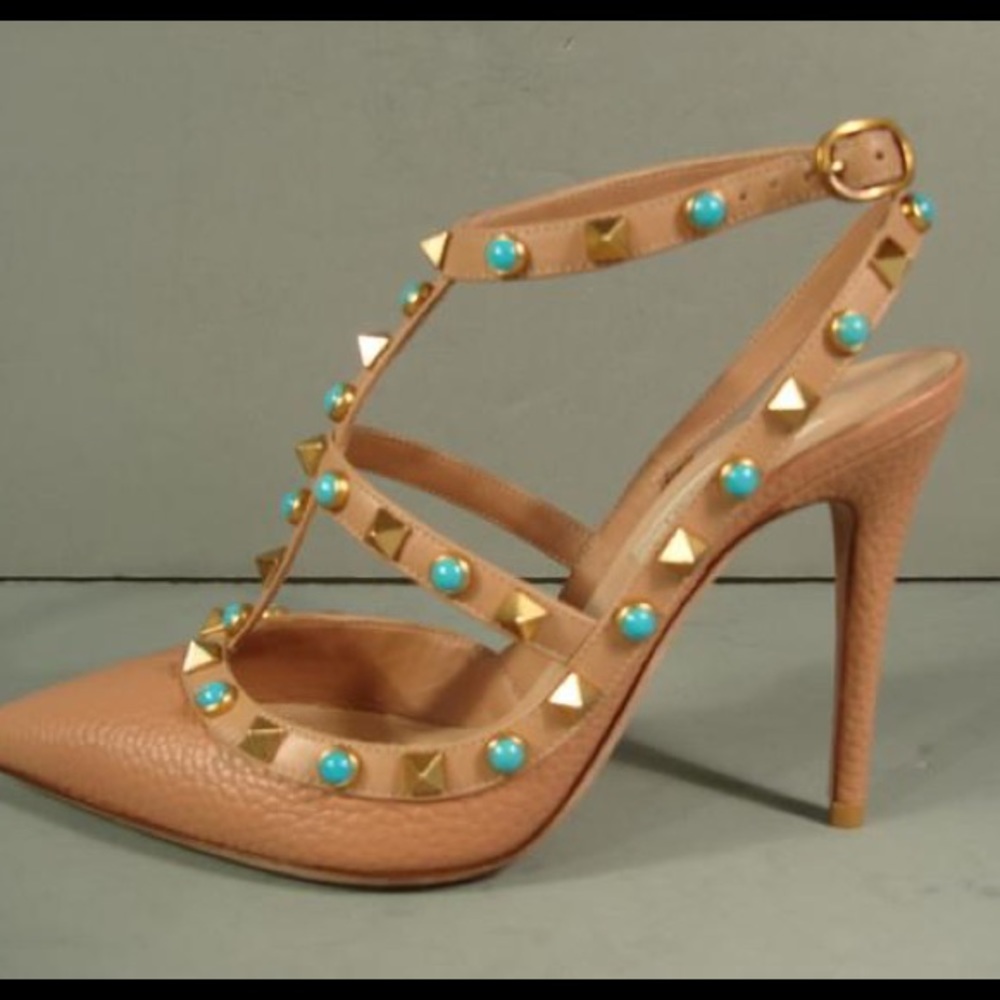 Valentino Leather Rockstud Turquoise Stone Pumps - Picture 2 of 8